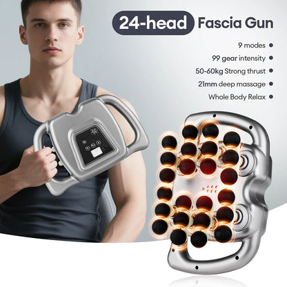 24-head Fascia Gun with a man holding it, featuring product details on a gray background.