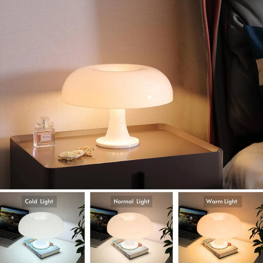 Table lamp on a nightstand with different light settings shown below.