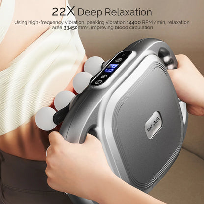Person using a handheld massage device with text about deep relaxation and vibration.