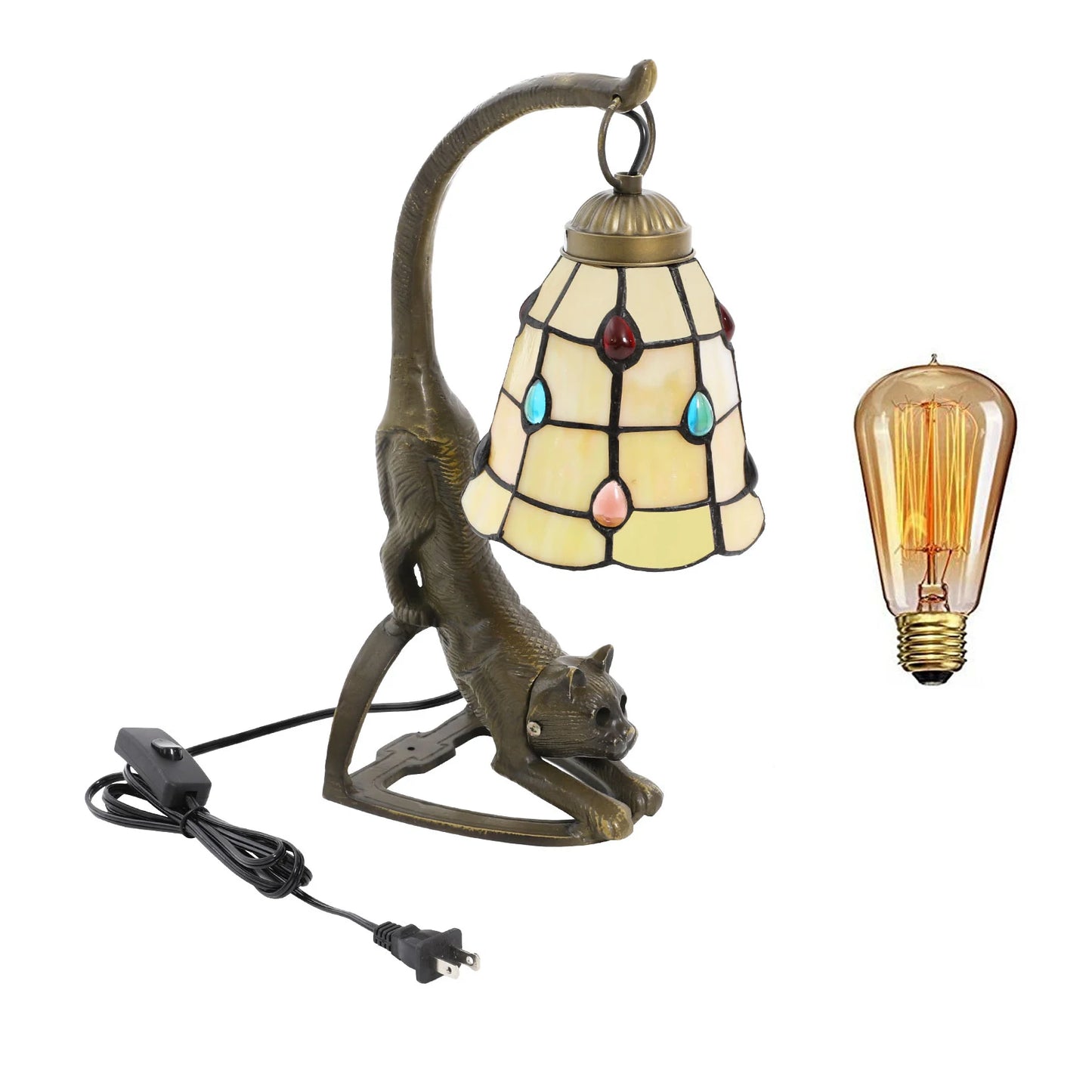 Viva Elite Artisan Cat Table Lamp with Tiffany Glass Shade