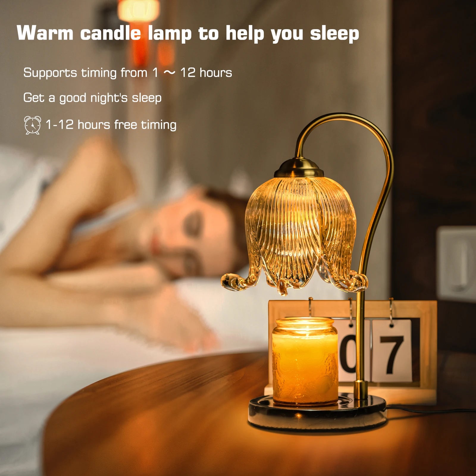 Candle lamp with glass shade on a table, with text about timing and sleep aid.
