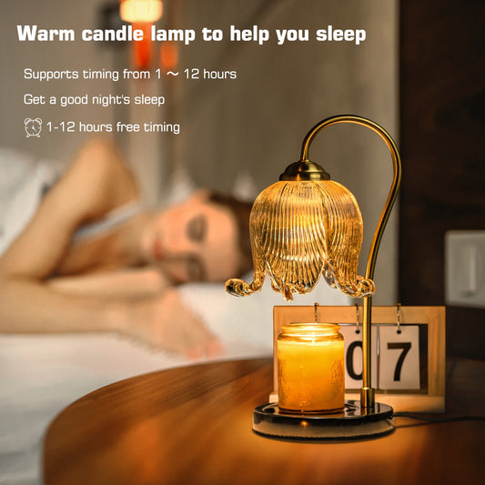 Candle lamp with glass shade on a table, with text about timing and sleep aid.