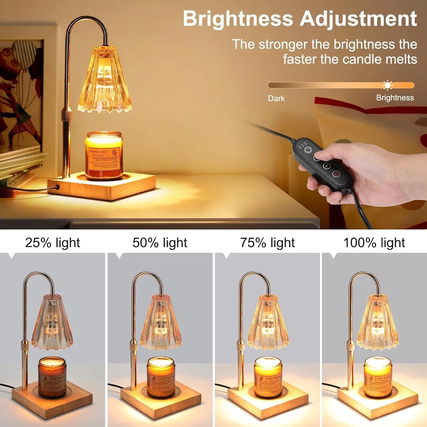 Table lamp with candle and brightness adjustment control, showing different light intensities.