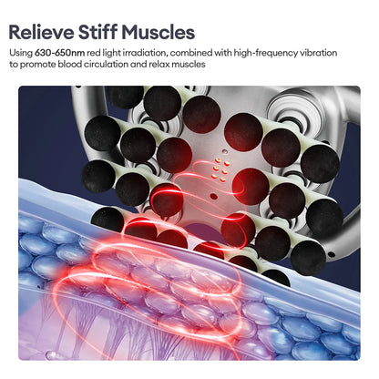 Massage device with red light and text about relieving stiff muscles