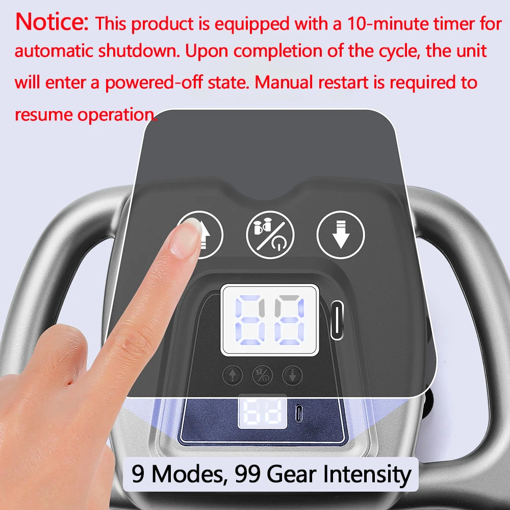 Digital display with buttons and a timer on a machine, with text about product features.