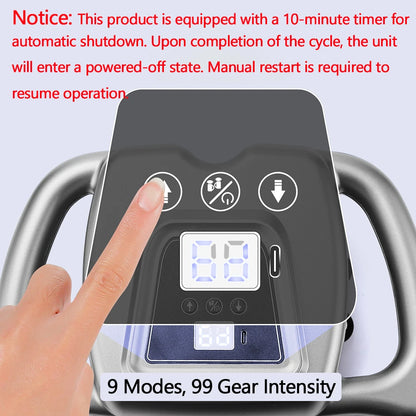 Digital display with buttons and a timer on a machine, with text about product features.