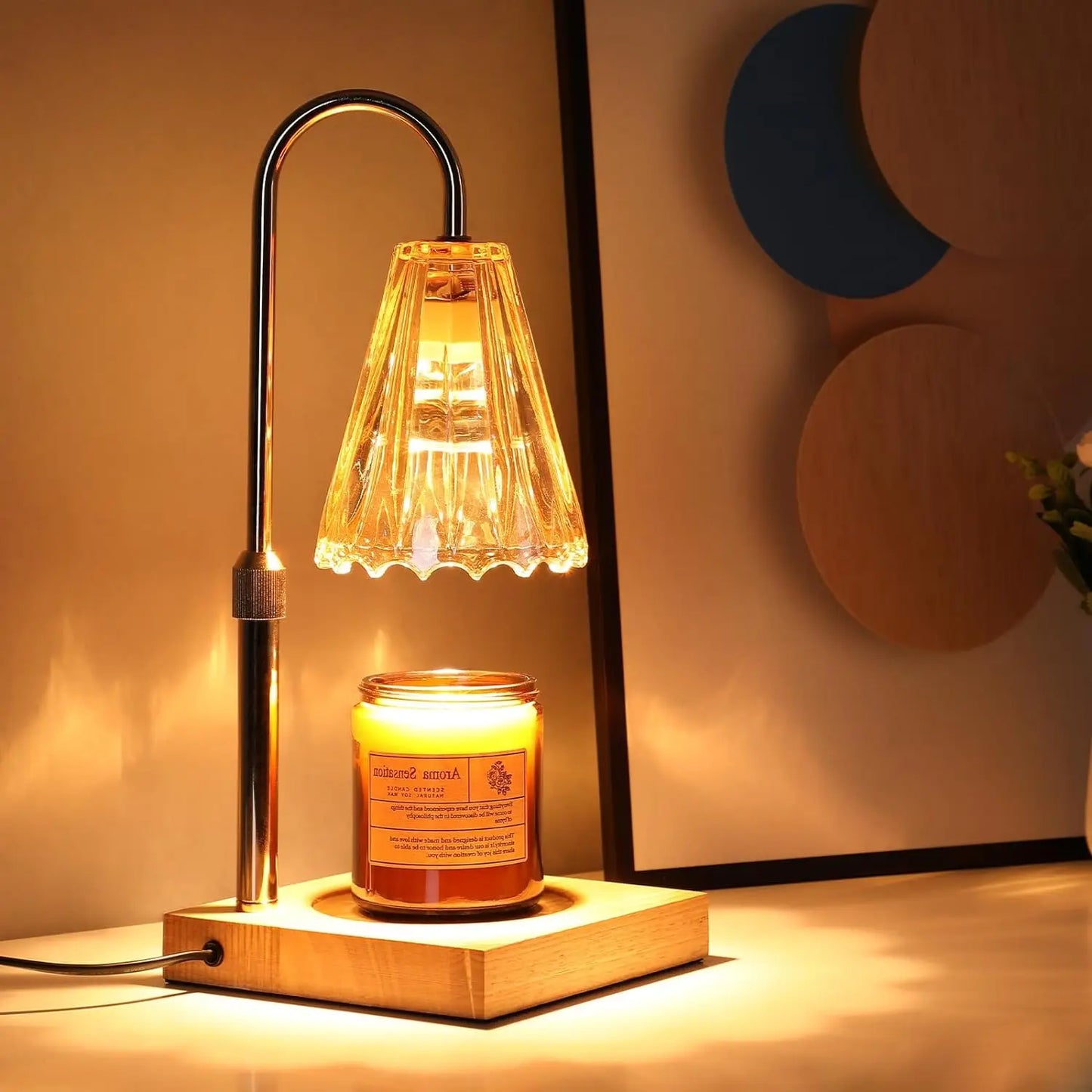 Decorative lamp with a candle base on a wooden platform, warm lighting.