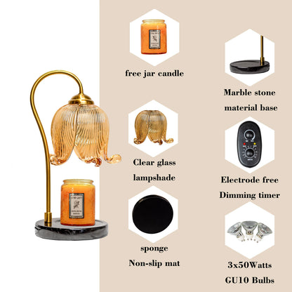 Decorative lamp with features listed on a beige background