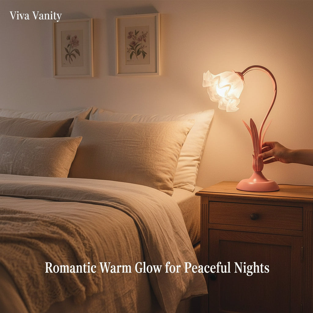 Pink desk lamp with floral design on a white surface next to a vase with flowers.