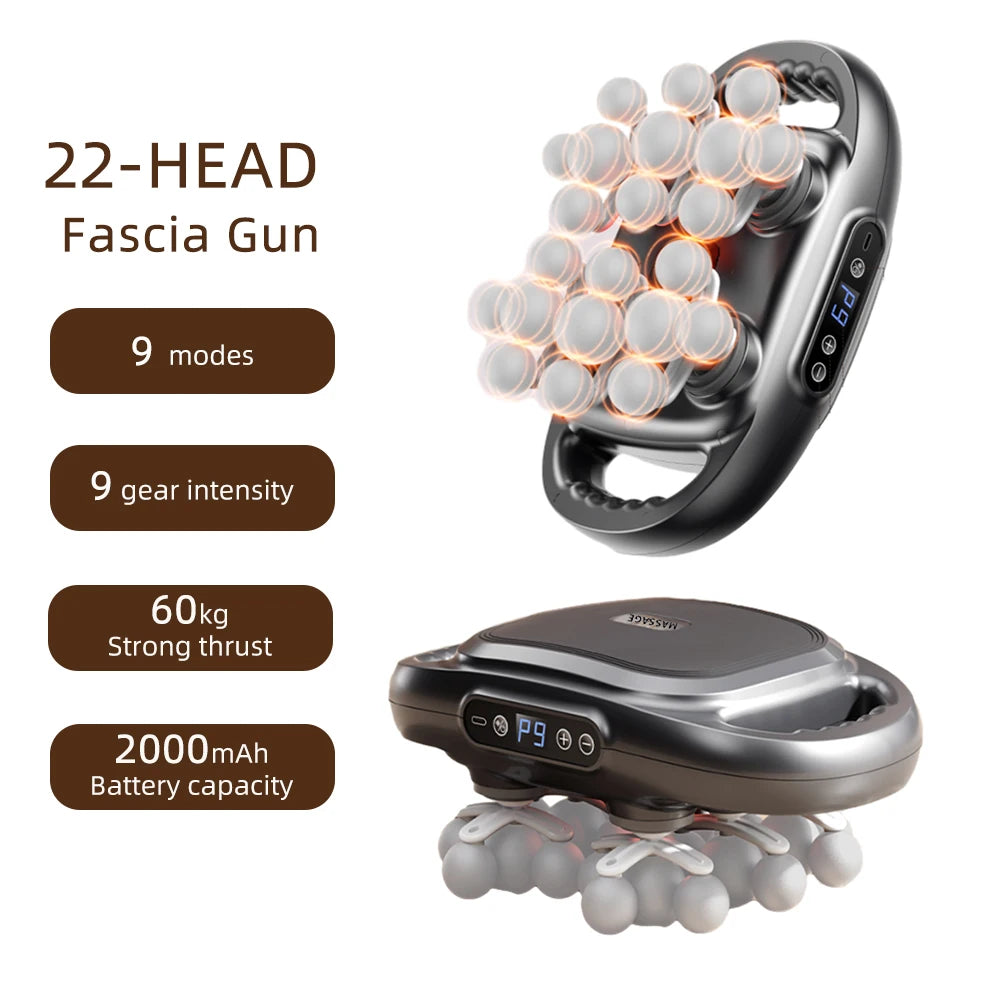 Fascia gun with 22 heads, 9 modes, 9 gear intensity, 60kg thrust, and 2000mAh battery capacity on a white background.