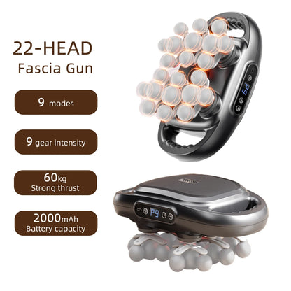 Fascia gun with 22 heads, 9 modes, 9 gear intensity, 60kg thrust, and 2000mAh battery capacity on a white background.