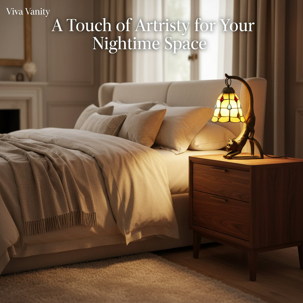 Decorative lamp shaped like a cat with stained glass shade on a dark background