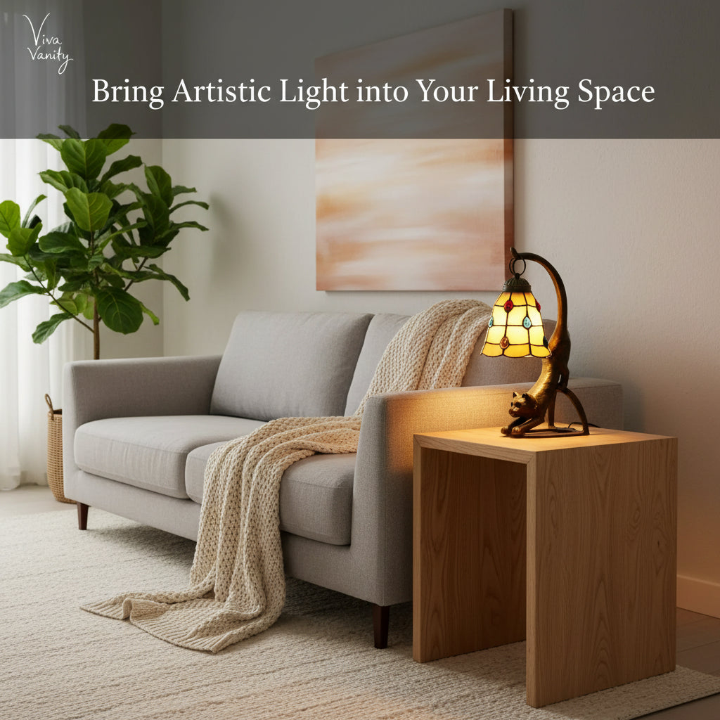 Viva Elite Artisan Cat Table Lamp with Tiffany Glass Shade