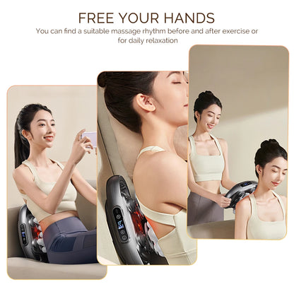 Woman using a massage device on different parts of her body with text 'Free Your Hands'.