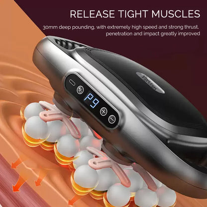 Massage device with digital display on a background of muscle tissue and text about muscle release.