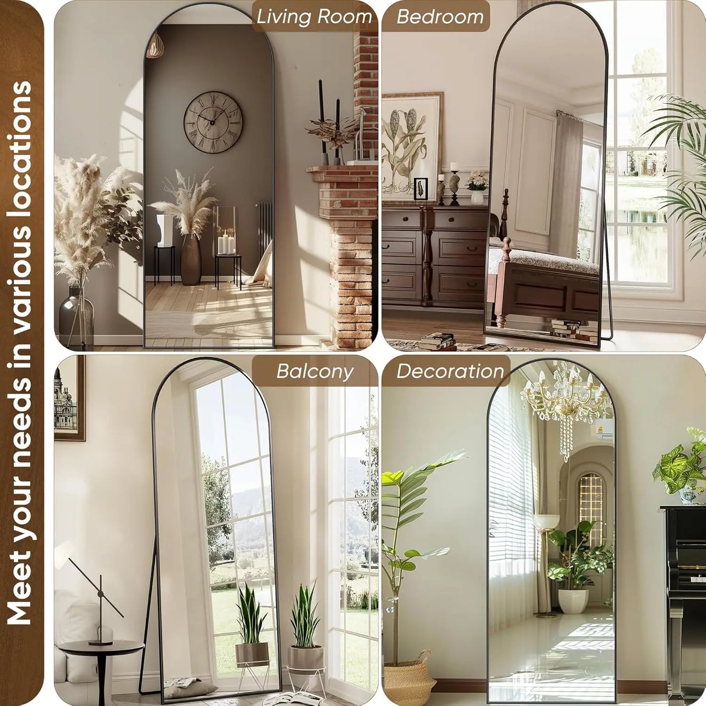 arched full length mirror 58"x19" floor standing & wall mount wall styling view