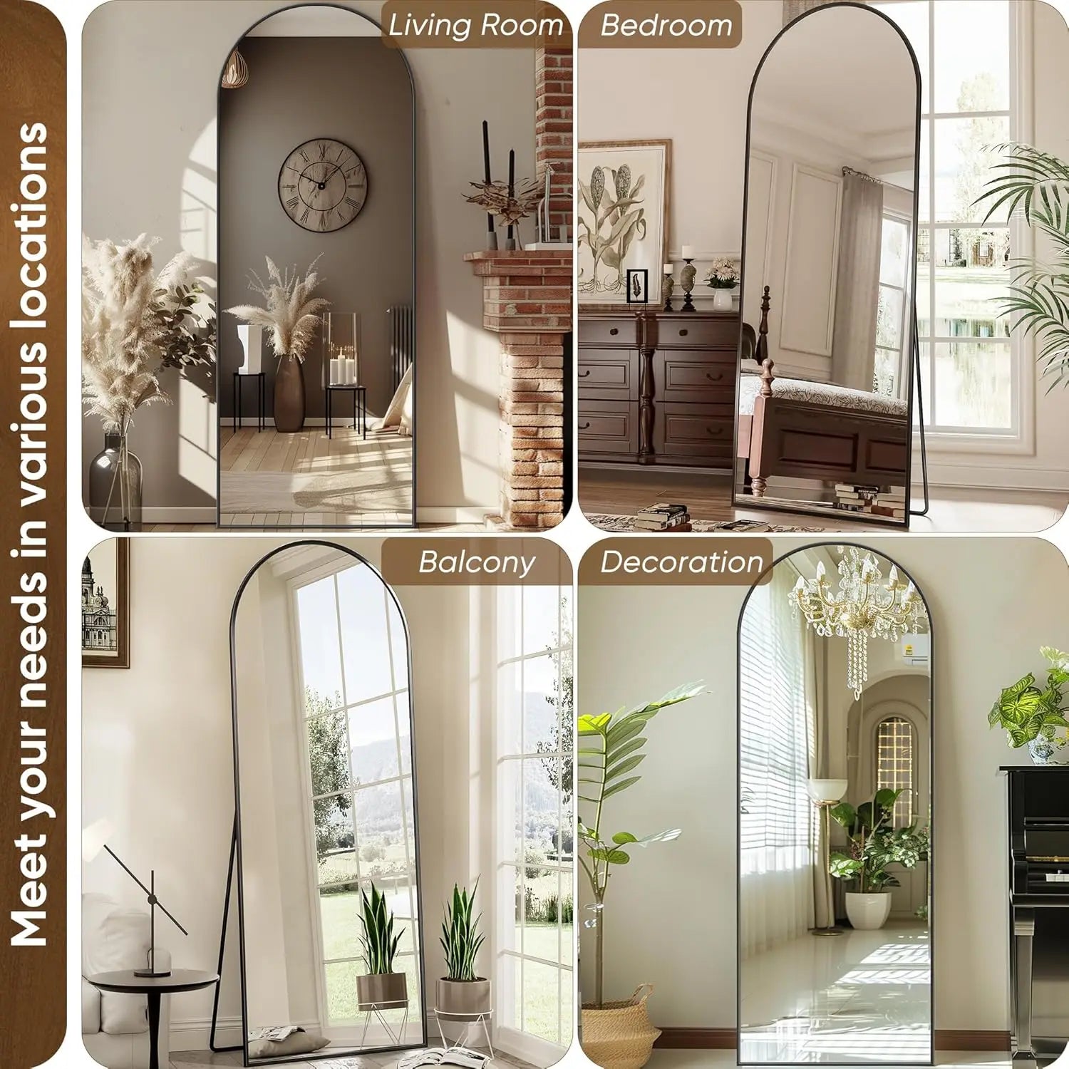 arched full length mirror 58"x19" floor standing & wall mount wall styling view