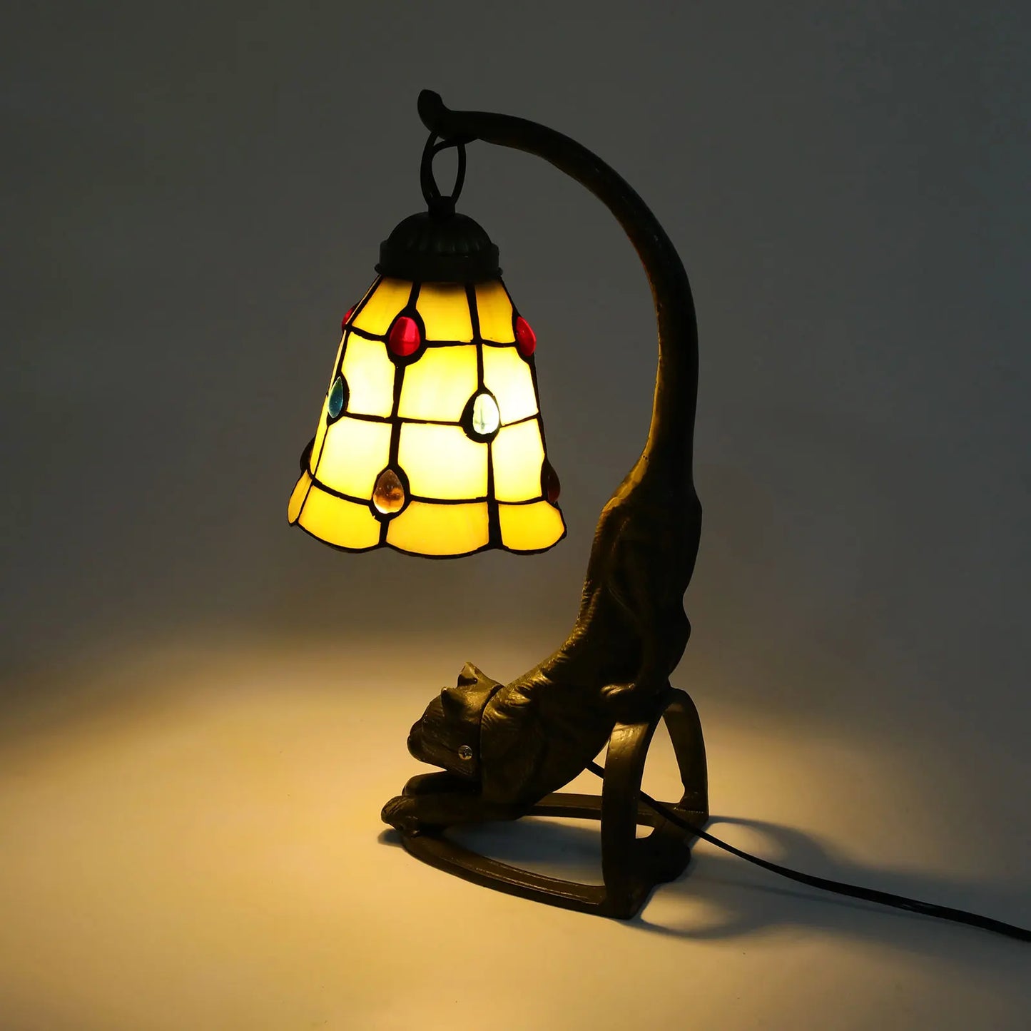 Viva Elite Artisan Cat Table Lamp with Tiffany Glass Shade