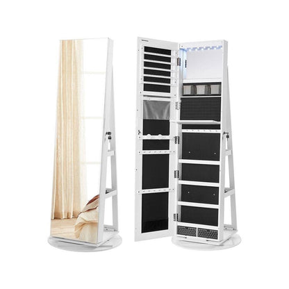 White Jewelry Cabinet Armoire Organizer with Freestanding Rotating Mirror