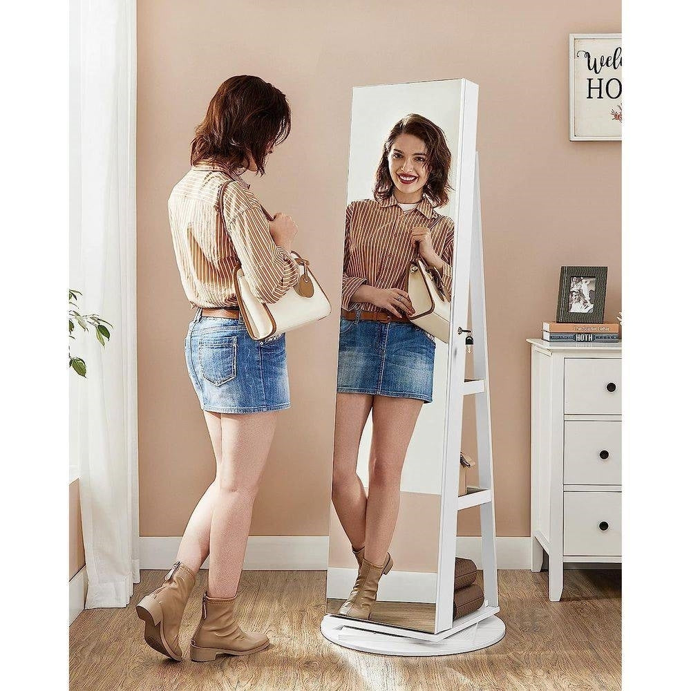 White Jewelry Cabinet Armoire Organizer with Freestanding Rotating Mirror