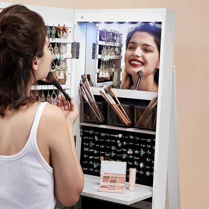 White Jewelry Cabinet Armoire Organizer with Freestanding Rotating Mirror