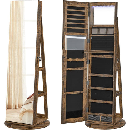 Rustic Brown Wood Jewelry Cabinet Armoire Organizer - Freestanding Rotating Mirror