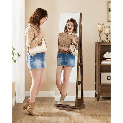 Rustic Brown Wood Jewelry Cabinet Armoire Organizer - Freestanding Rotating Mirror