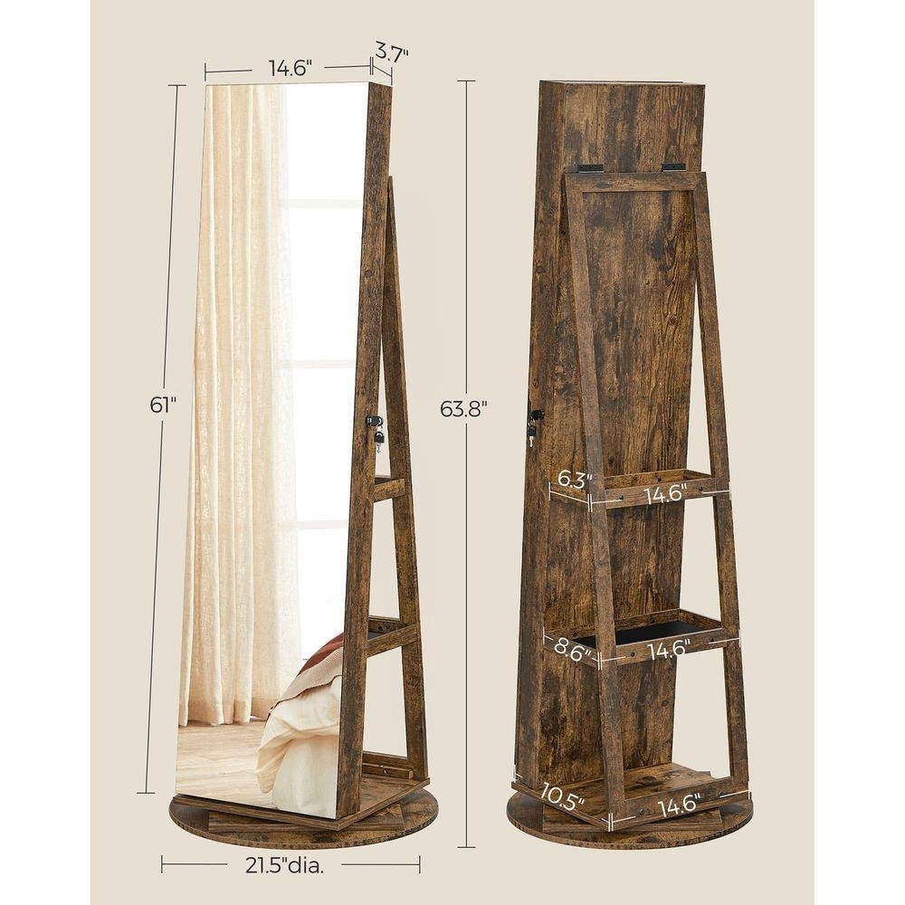 Rustic Brown Wood Jewelry Cabinet Armoire Organizer - Freestanding Rotating Mirror