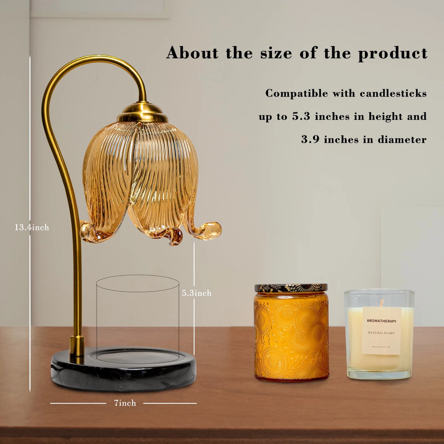 Gold candle holder with measurements on a wooden surface