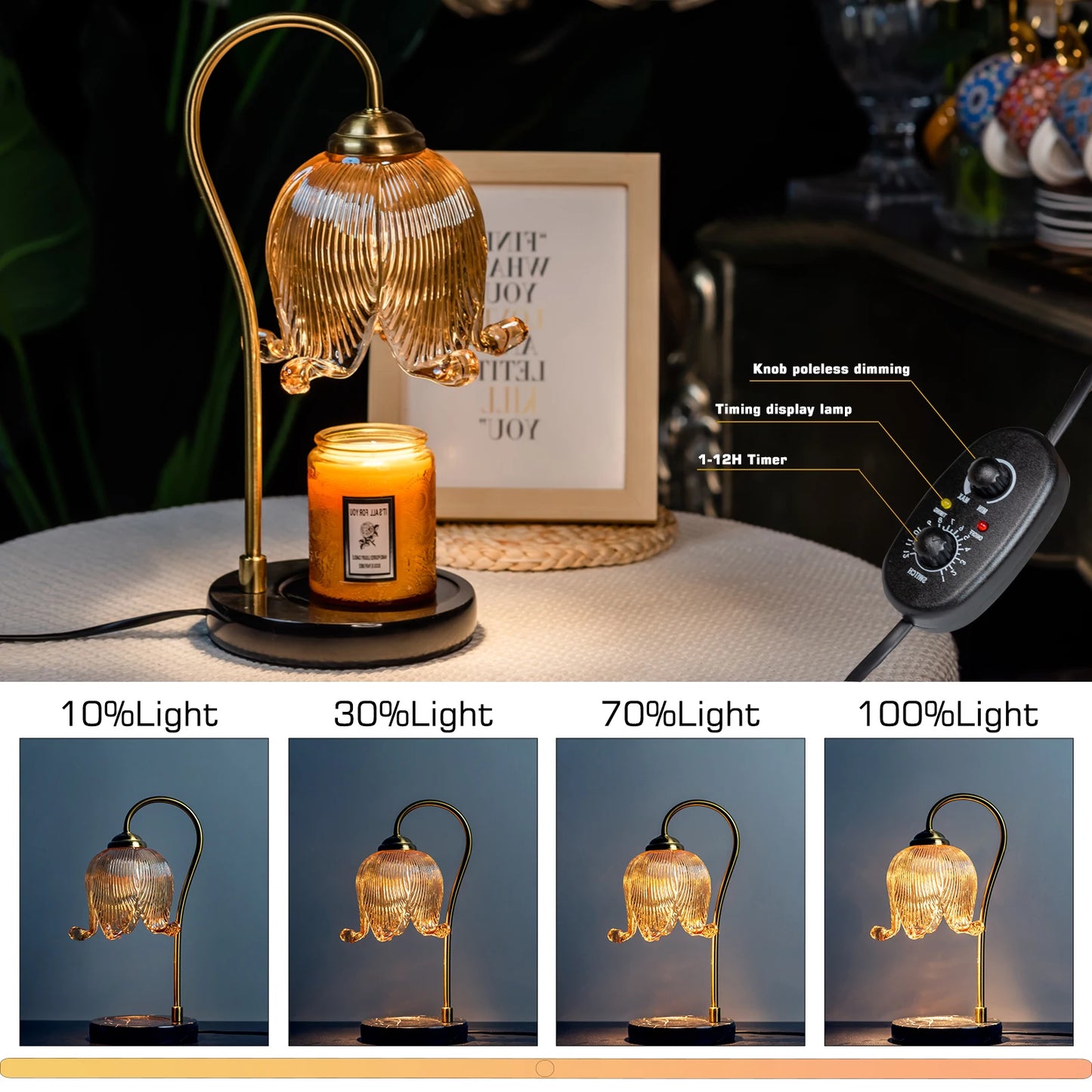 Decorative table lamp with candle on a surface, showing light intensity levels.