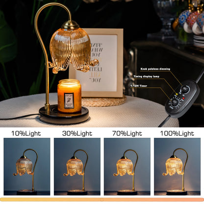 Decorative table lamp with candle on a surface, showing light intensity levels.