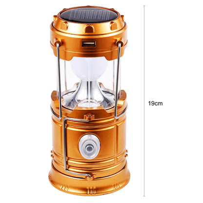 Orange camping lantern with solar panel and USB port on a white background