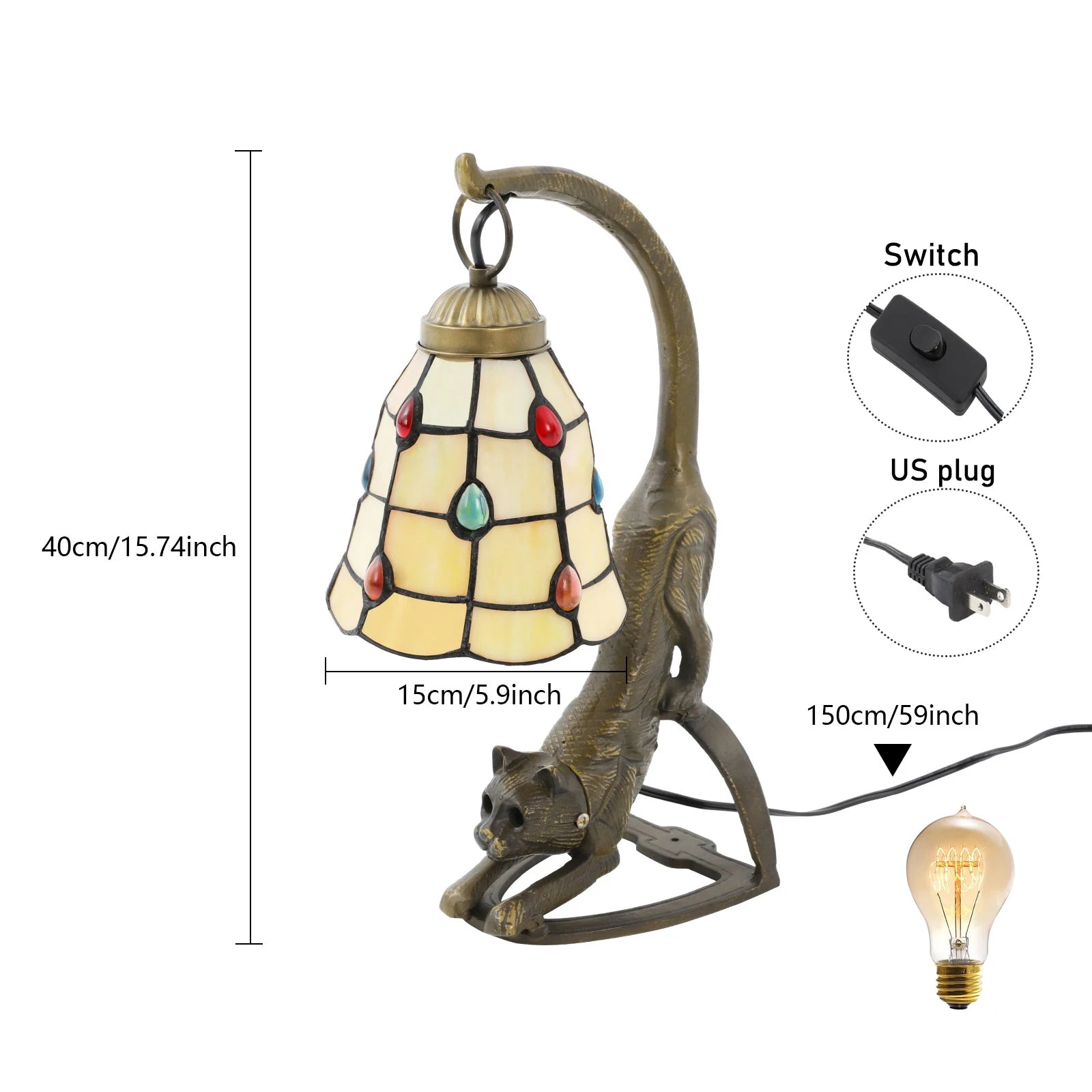 Table lamp with stained glass shade and cat design, featuring dimensions and plug details on a white background.