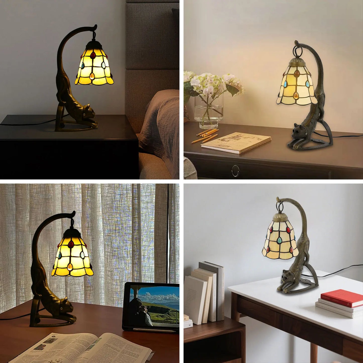 Viva Elite Artisan Cat Table Lamp with Tiffany Glass Shade