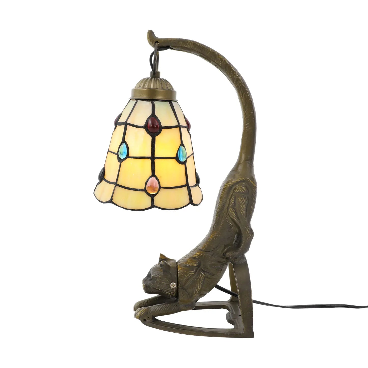 Viva Elite Artisan Cat Table Lamp with Tiffany Glass Shade