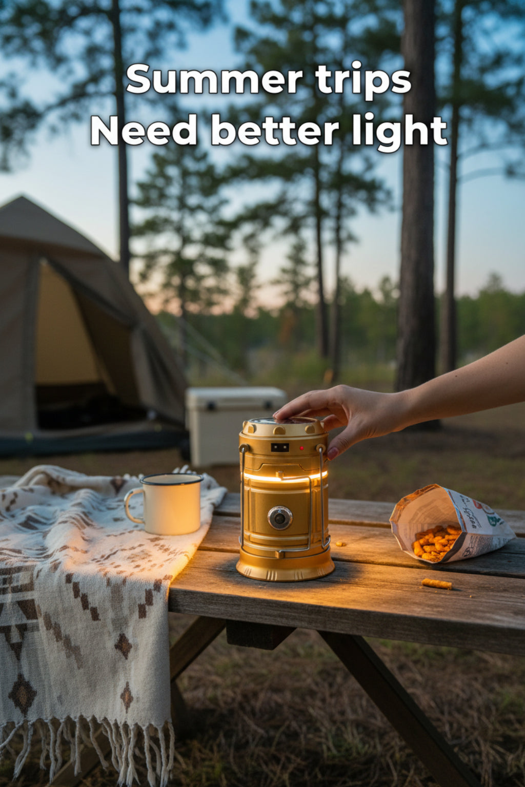 Gold camping lantern with handle on a Camping