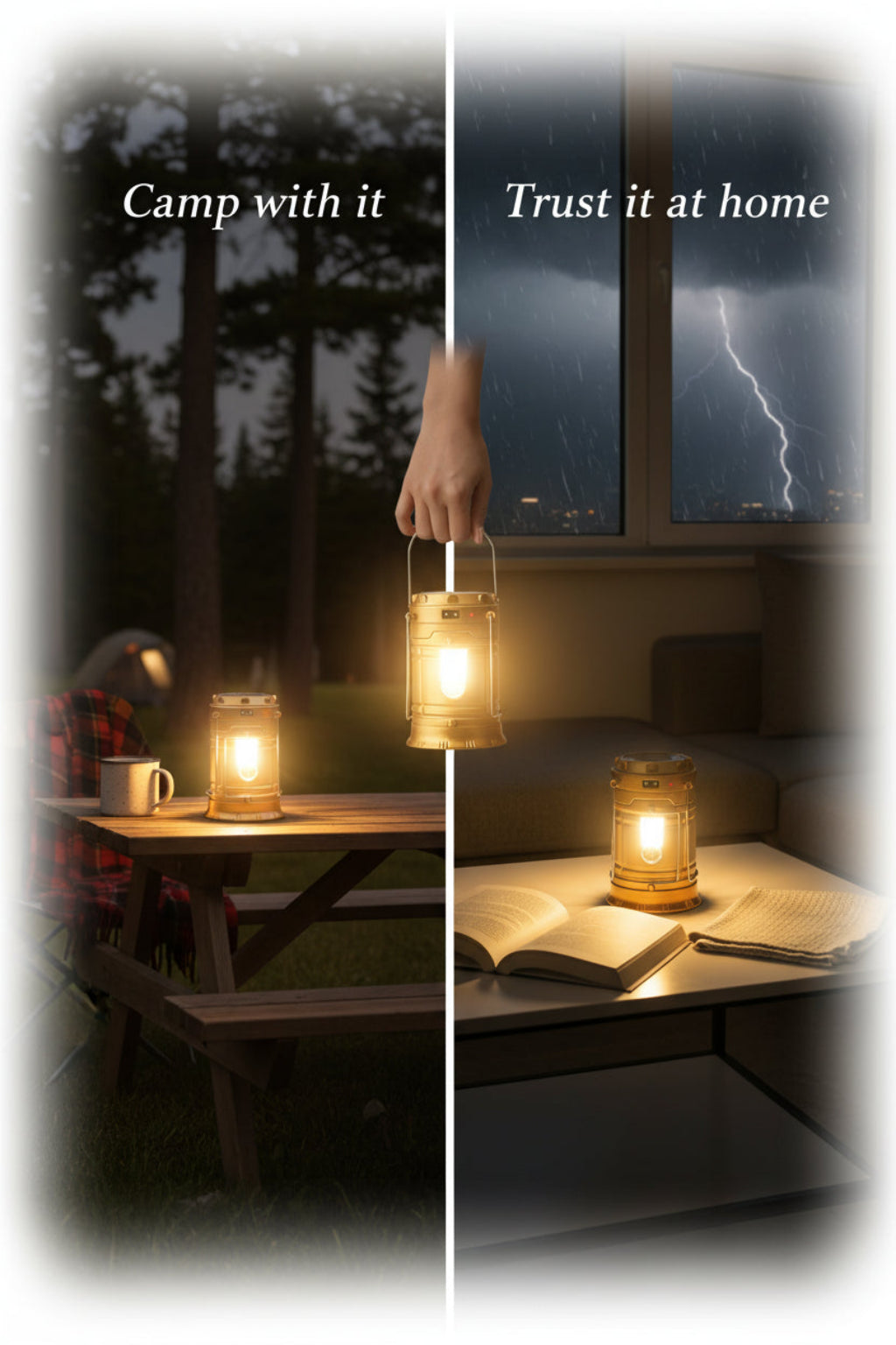 Two scenes showing a lantern being used outdoors and indoors with a lightning storm in the background.