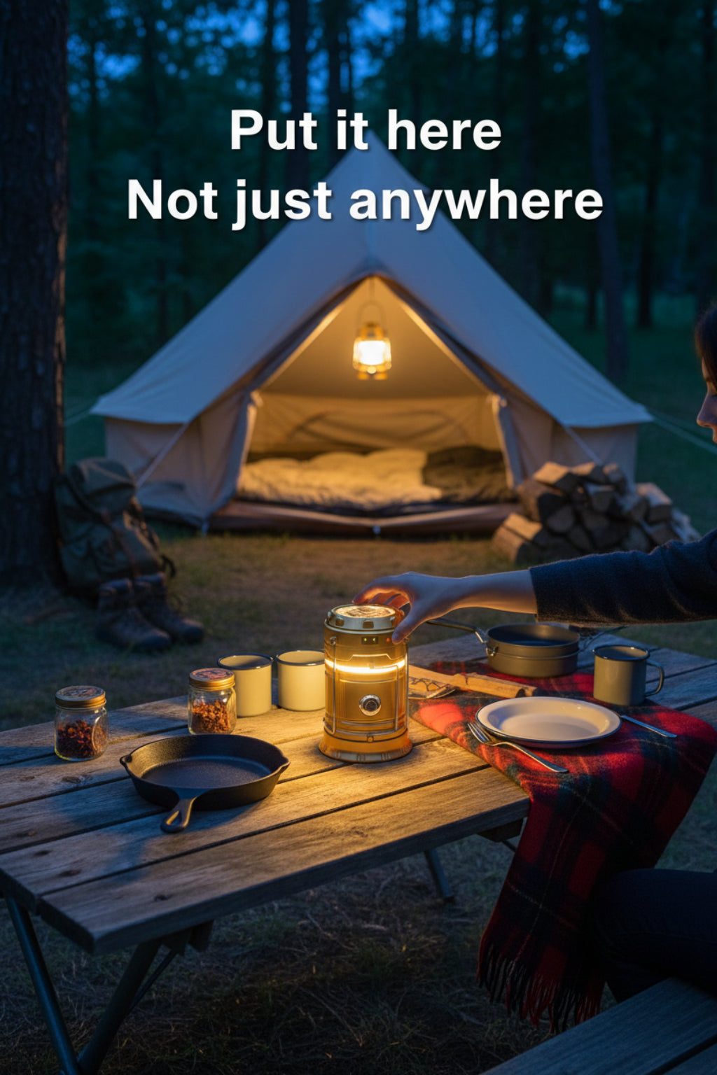 Gold camping lantern with handle on a camping