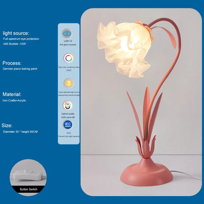 Floral design table lamp with technical specifications on a blue background
