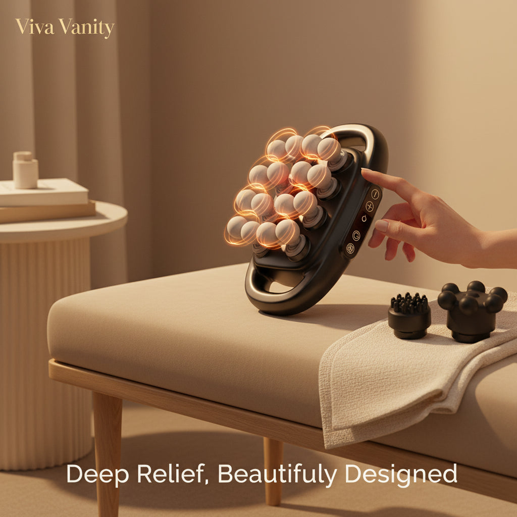 Massage device with digital display and text about modes and intensity levels on a beige background