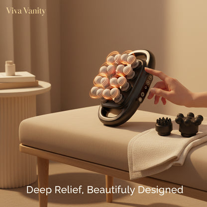Massage device with digital display and text about modes and intensity levels on a beige background
