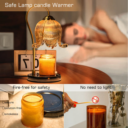 Safe Lamp candle warmer with a lit candle, shown in a bedroom setting.