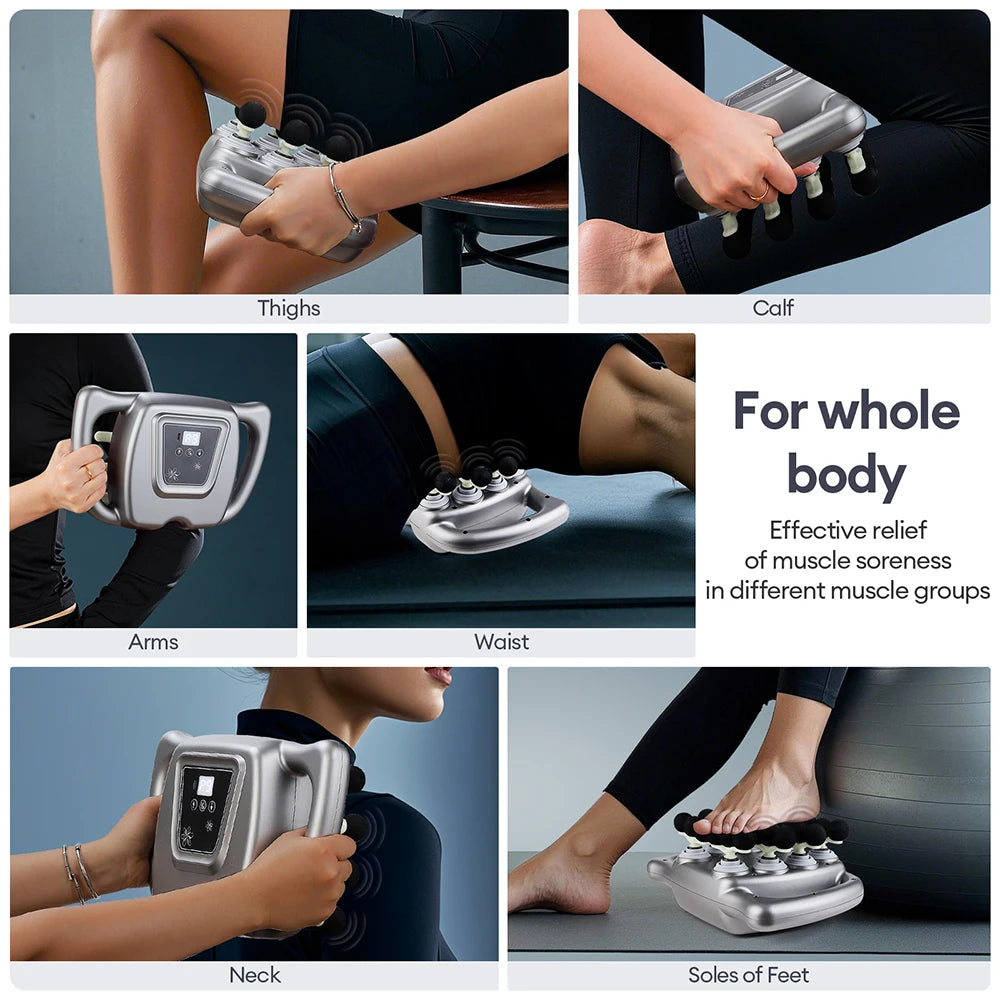 Collage of a handheld massage device being used on various parts of the body including thighs, calf, arms, waist, neck, and soles of feet.
