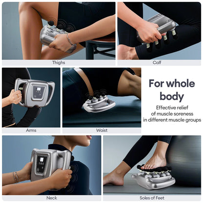 Collage of a handheld massage device being used on various parts of the body including thighs, calf, arms, waist, neck, and soles of feet.