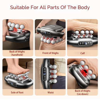 Massage device being used on various parts of the body with text indicating suitability for all body parts.