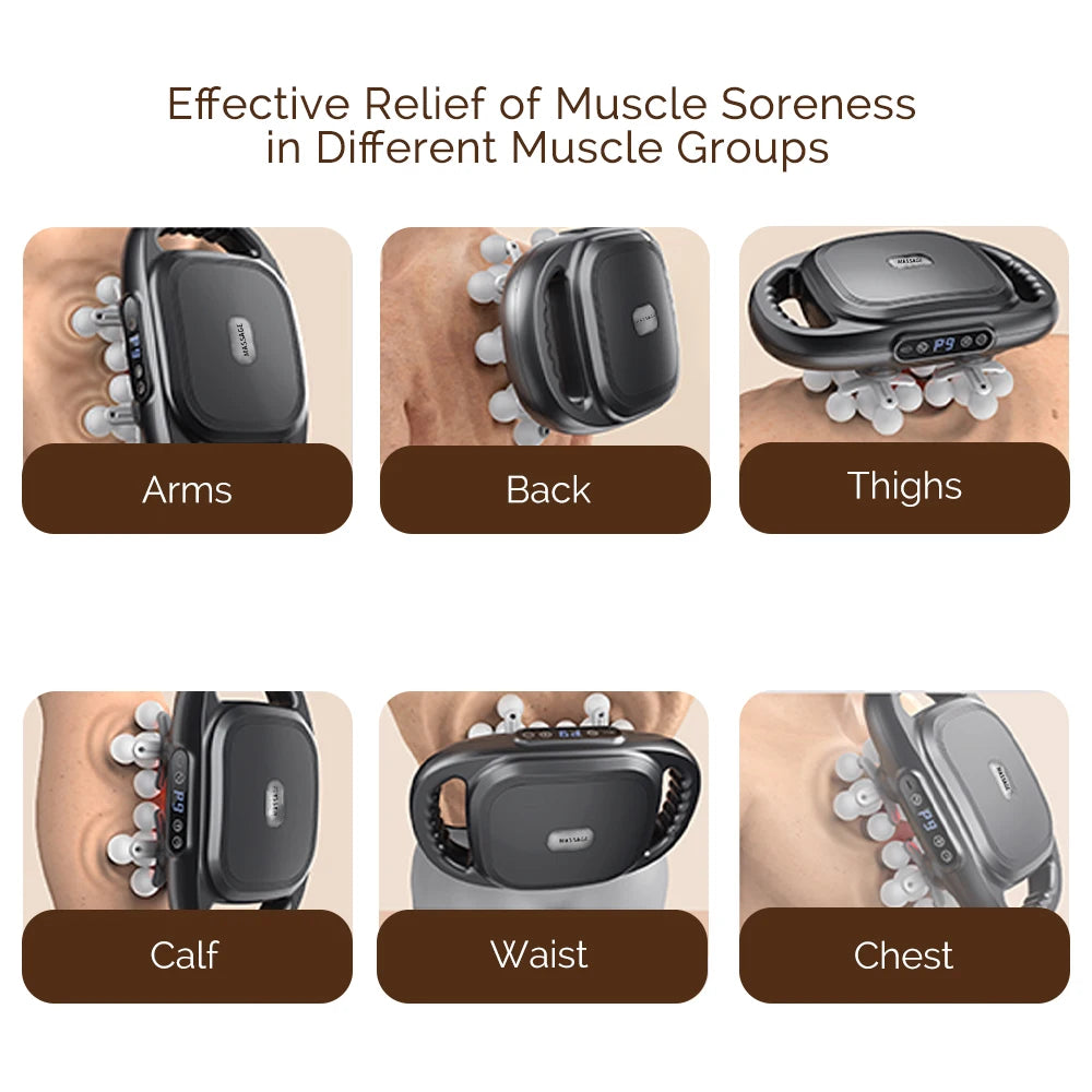 Massage device with attachments for different muscle groups on a beige background