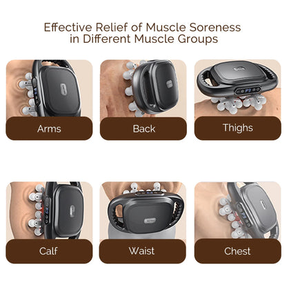Massage device with attachments for different muscle groups on a beige background
