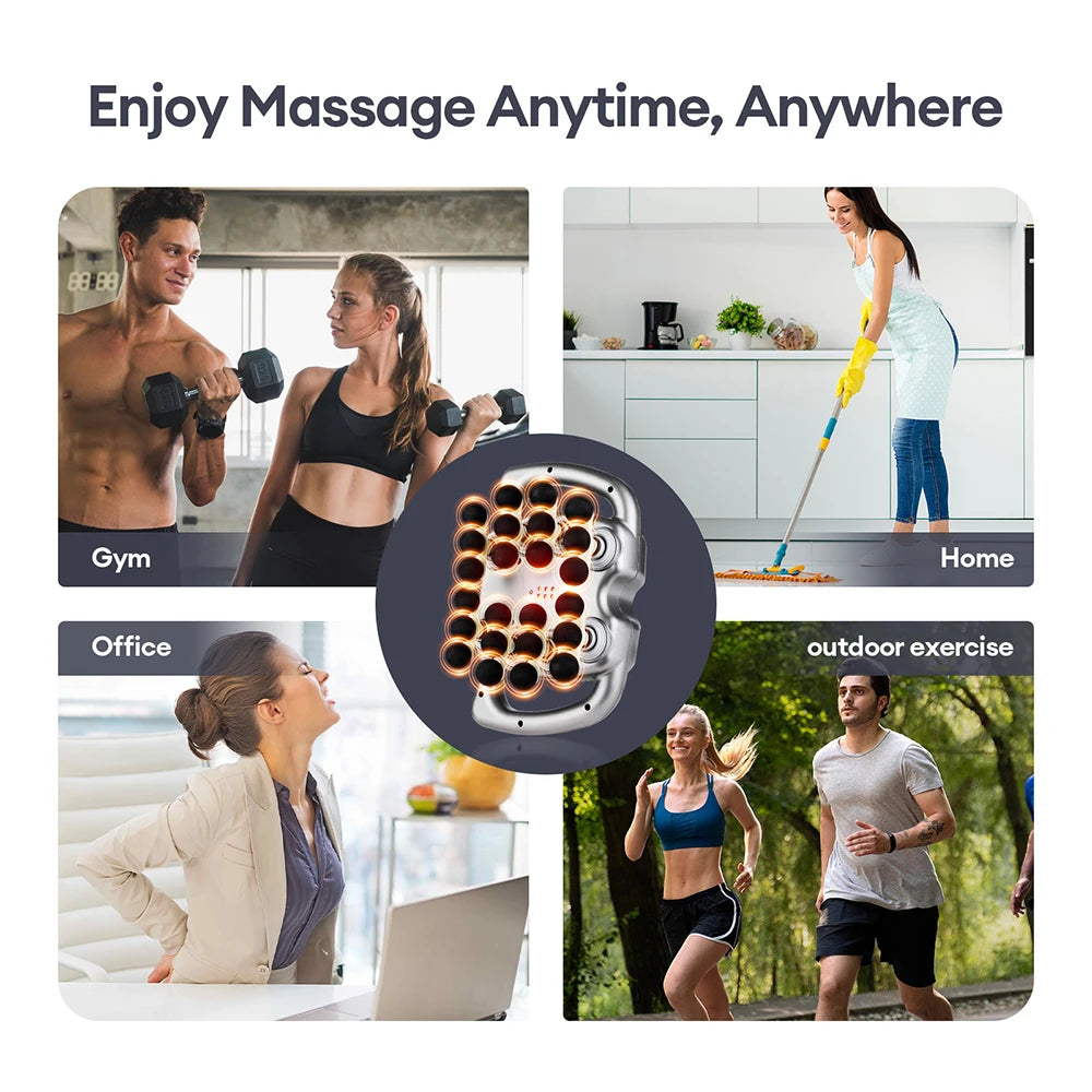 Promotional graphic for a massage device with images of people in various settings and text 'Enjoy Massage Anytime, Anywhere'.