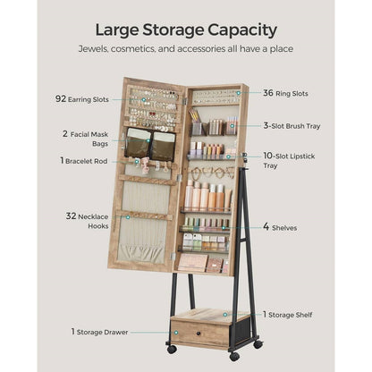 Industrial Modern Metal & Wood Jewelry Armoire Cabinet Organizer with Mirror on Wheels