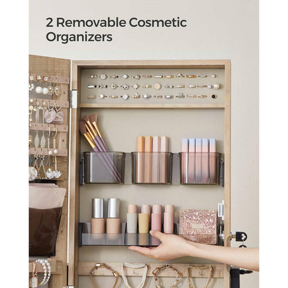 Industrial Modern Metal & Wood Jewelry Armoire Cabinet Organizer with Mirror on Wheels